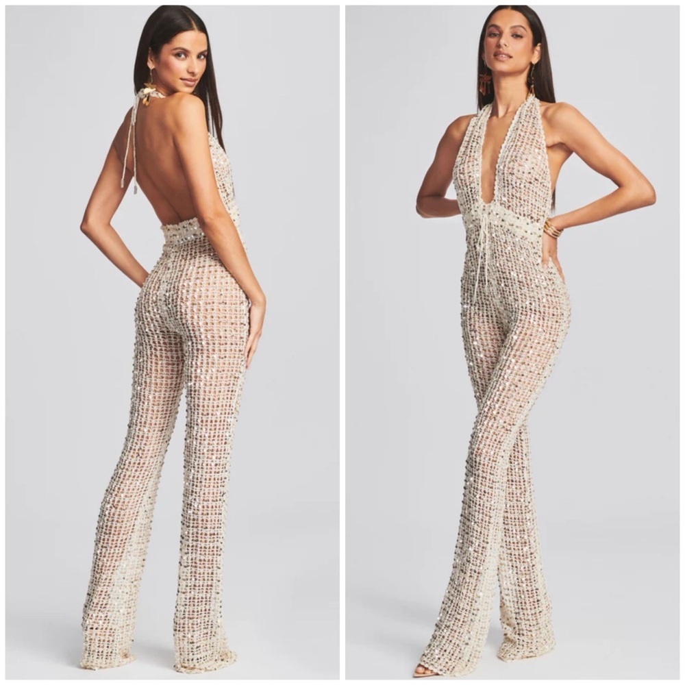 NWT Retrofête TOSCA SEQUIN CROCHET JUMPSUIT Ivory Gold SZ M/L - Picture 2 of 8